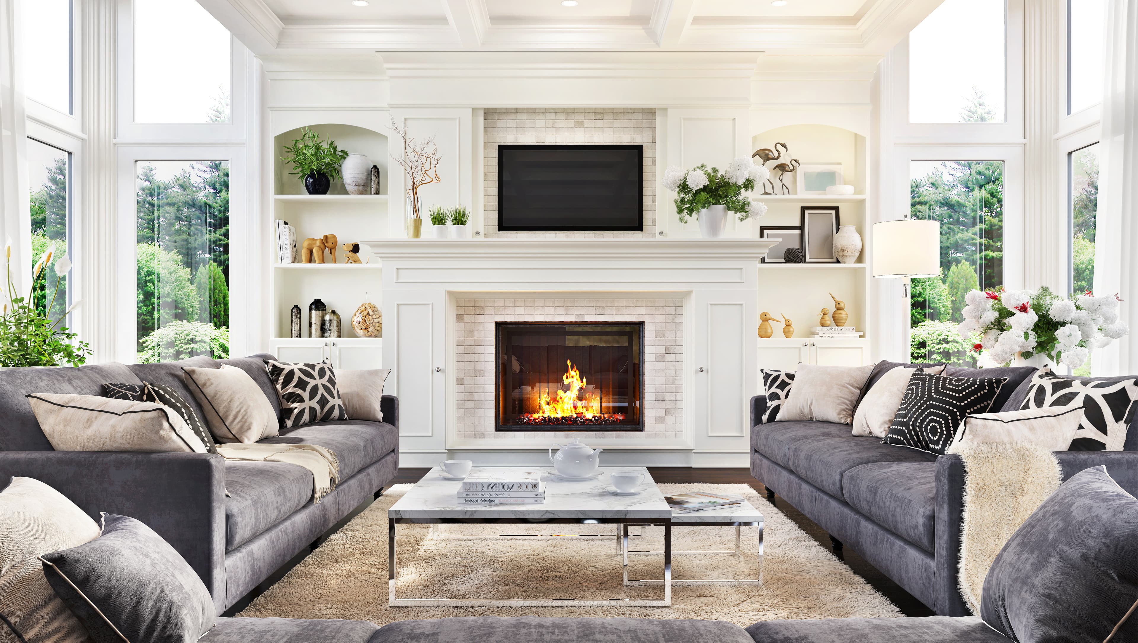 Living room with fireplace and styled shelving