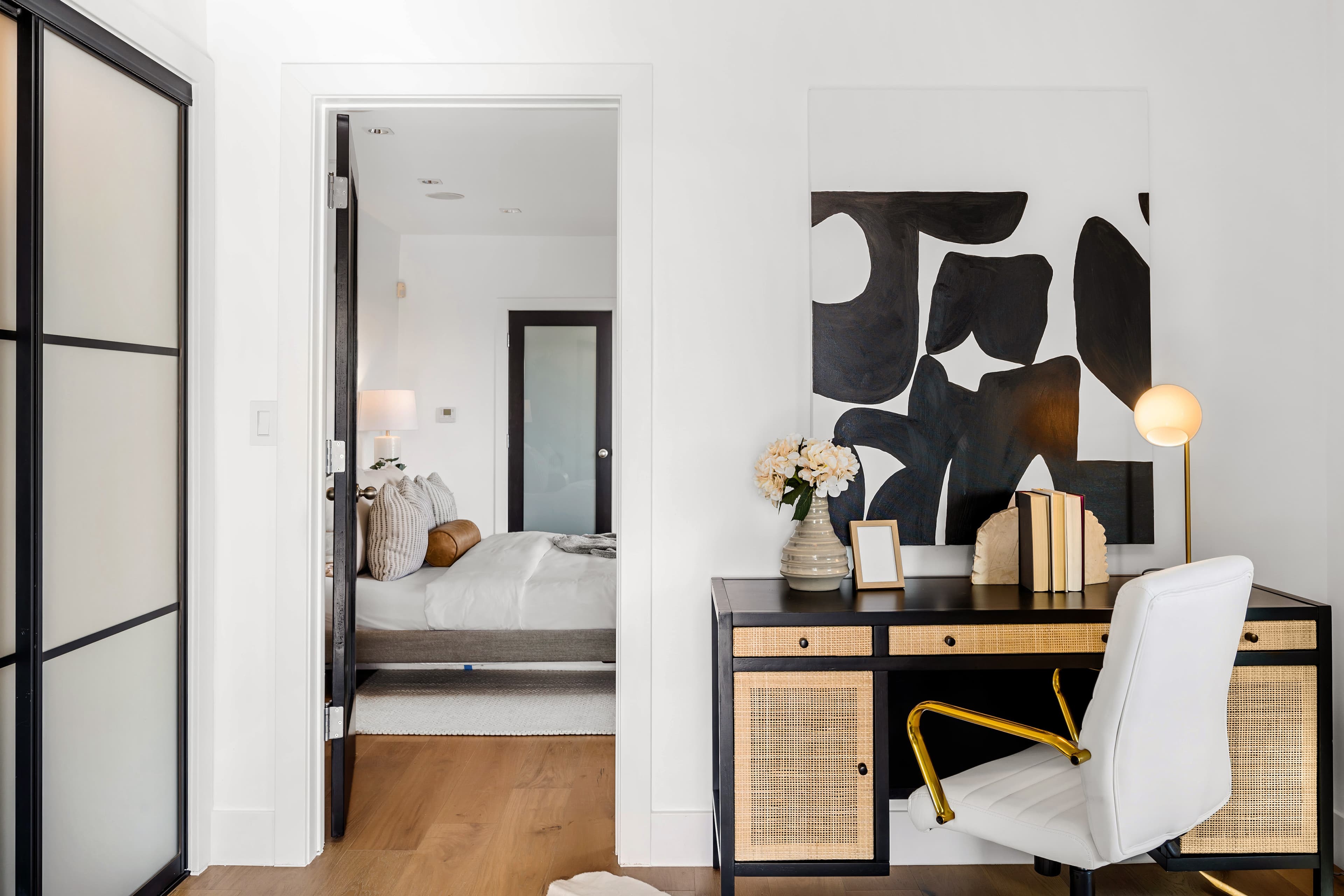 Styled study nook with abstract art for home staging