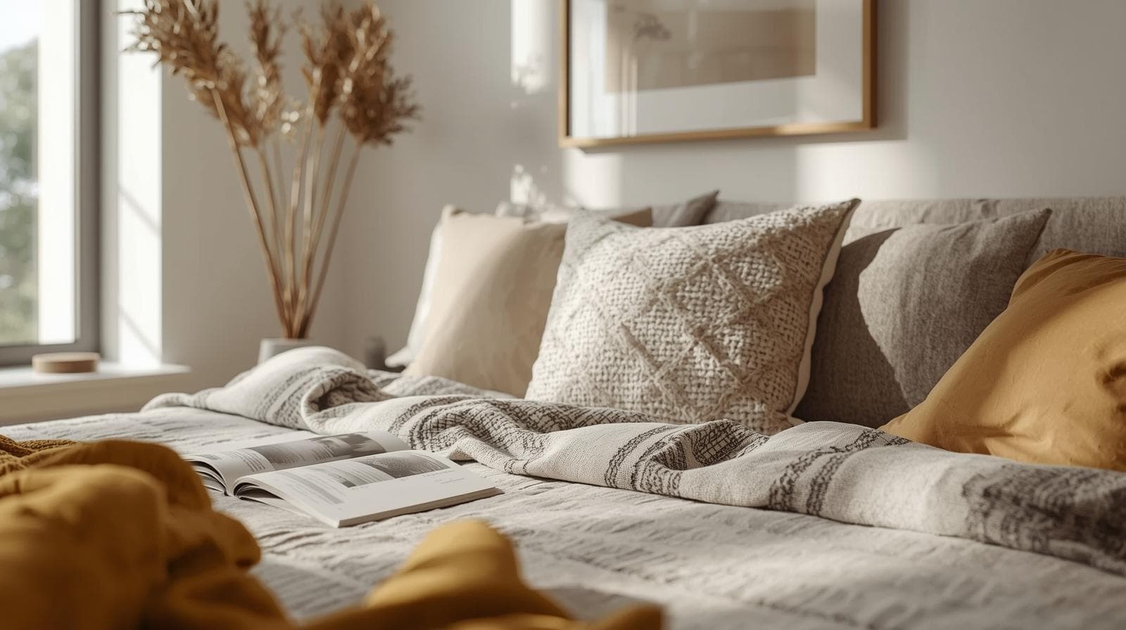 Elegant bedroom styled with layered textiles for property campaign