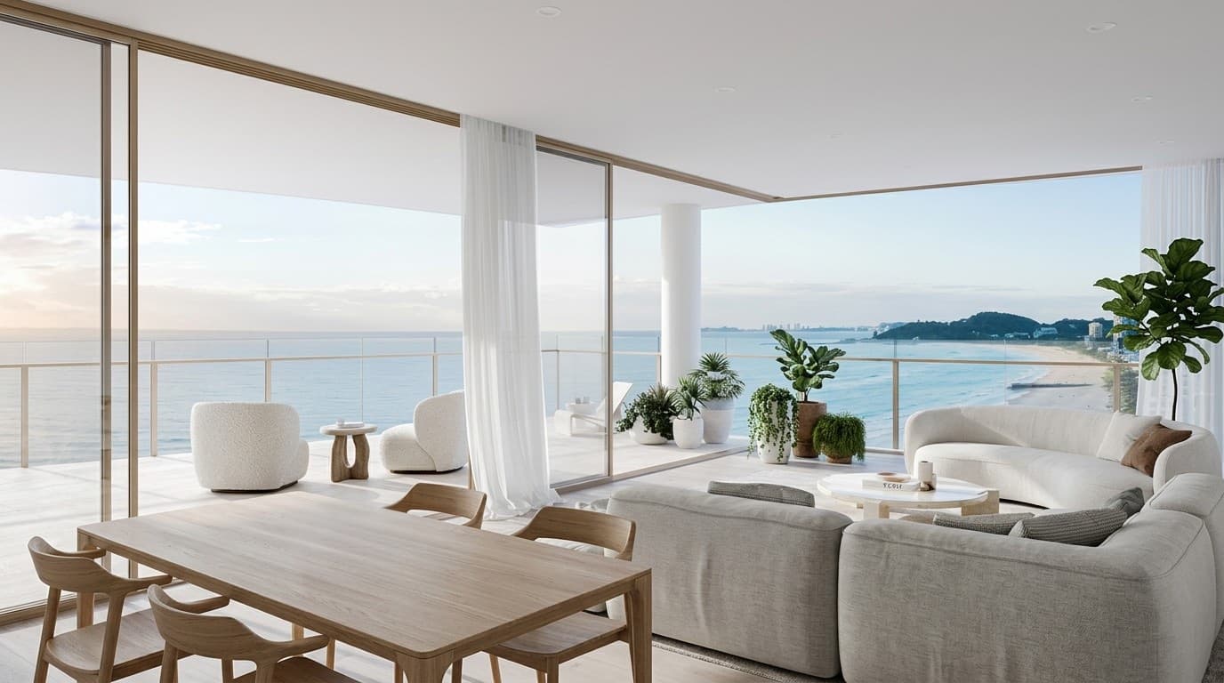 Styled coastal living room with Pittwater outlook — Palm Beach Sydney property styling 2026