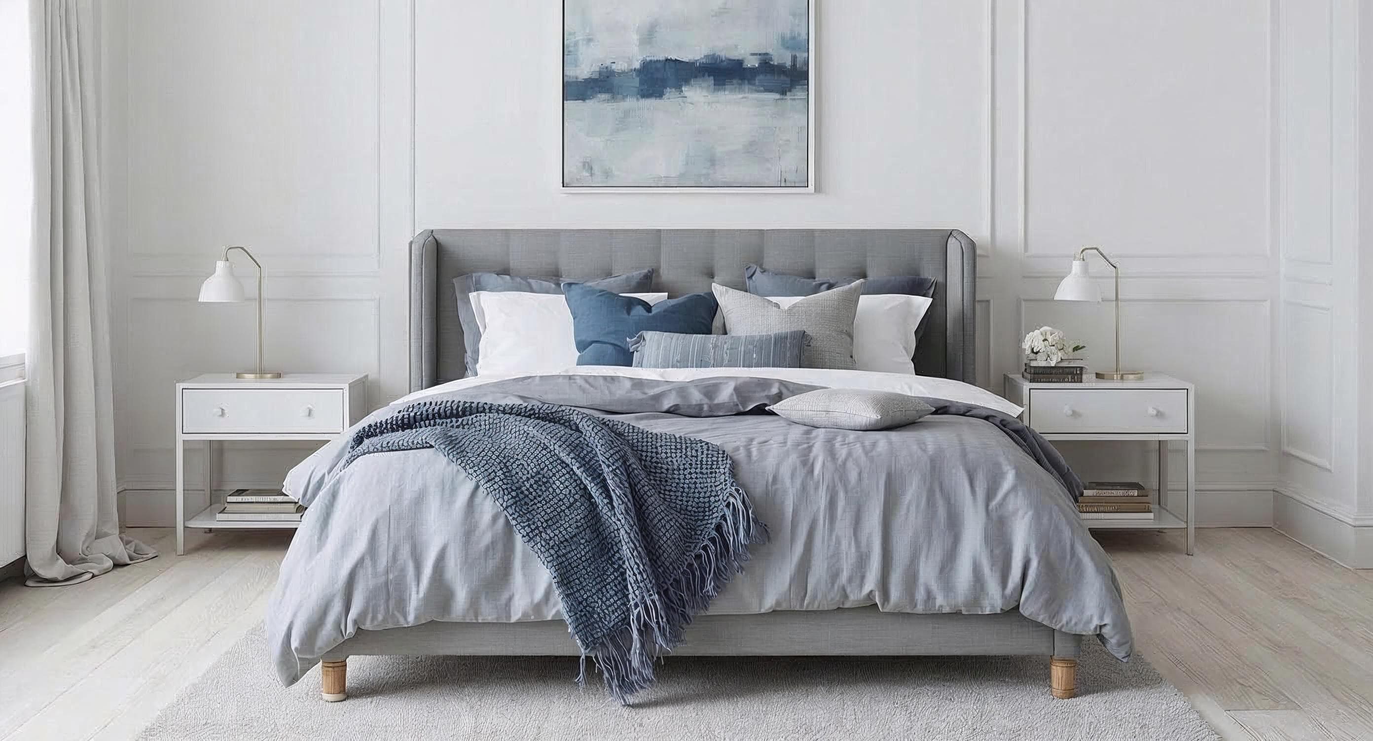 Grey blue styled bedroom for pre-sale property campaign