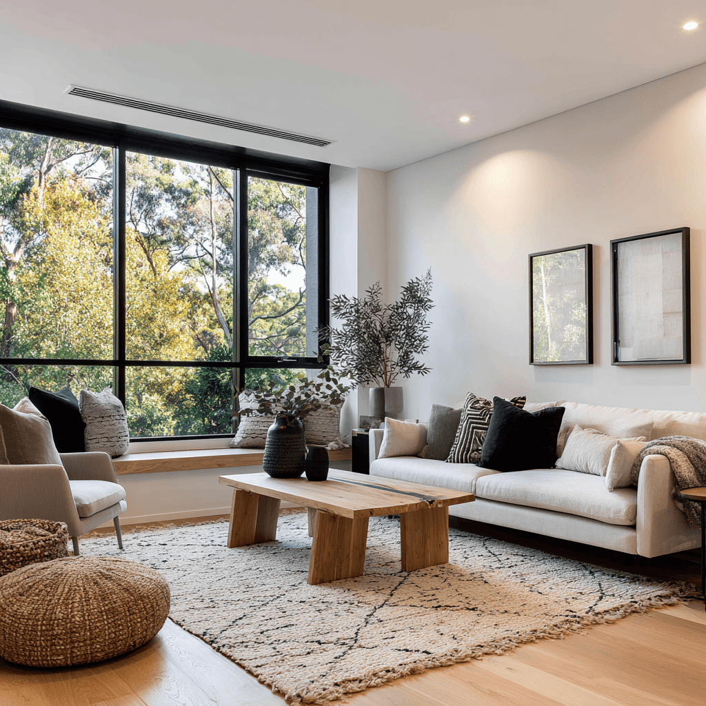 Modern living space styled simply for Sydney pre-sale property campaign