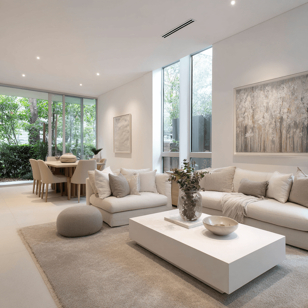 Modern living space styled simply for Sydney pre-sale property campaign