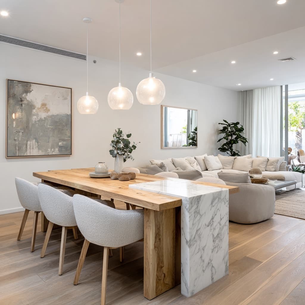 Open-plan living space styled in neutral tones for Sydney property sale