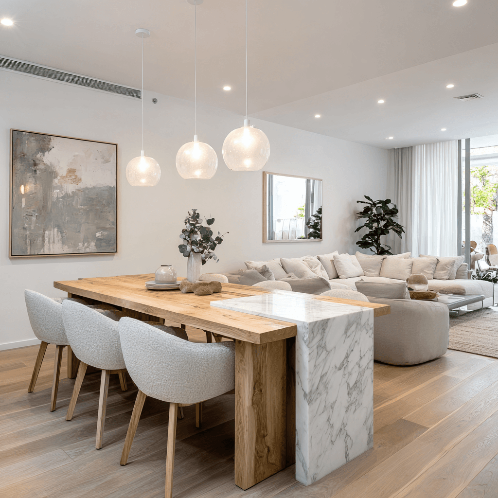 Open-plan living space styled in neutral tones for Sydney property sale