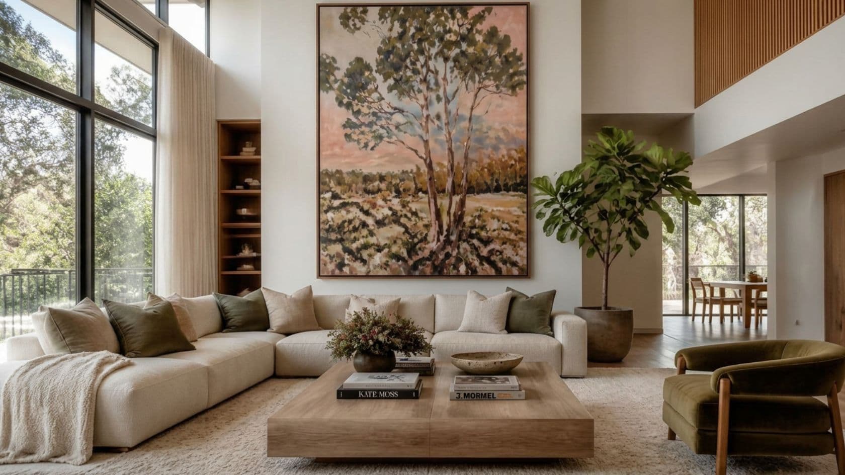 Art advisory and curation Sydney — a contemporary living room curated for its collection Contemporary Australian living room with soaring ceilings and expansive white walls curated for an art collection — art advisory Sydney