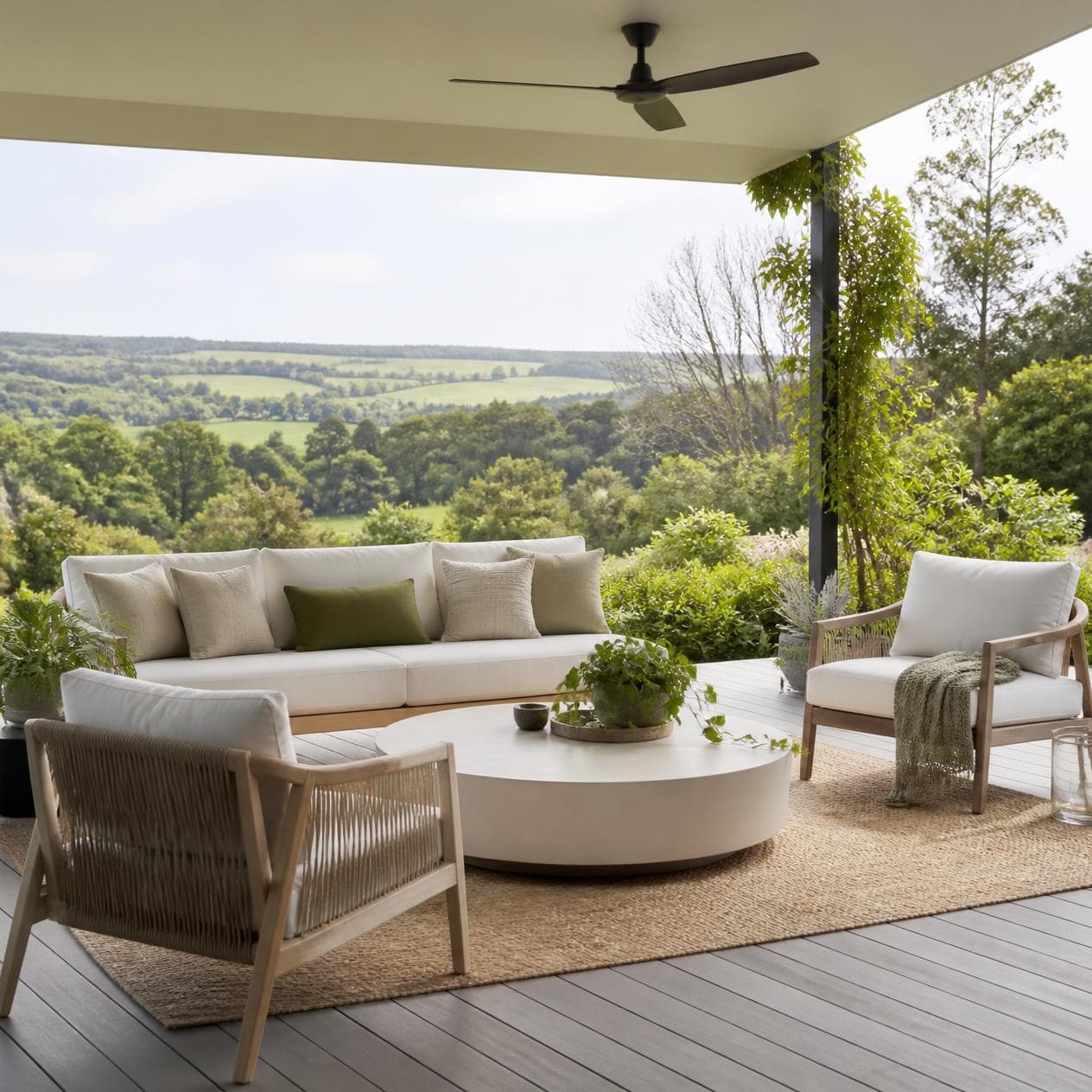 Contemporary alfresco patio with relaxed modern outdoor furniture overlooking bush and farmland — Australian interior design by Styling Lab